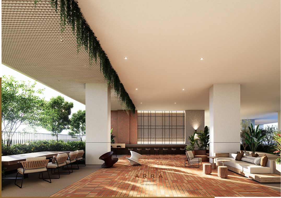 Arra Residences lobby lounge with green trellis ceiling