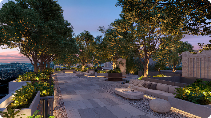 Secret garden, landscaped grounds at dusk